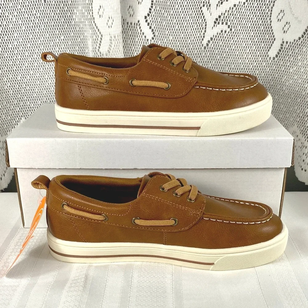 NWT Size 2 Boys Wonder Nation Brown Boat Shoe Slip On Memory Foam Back-to-School